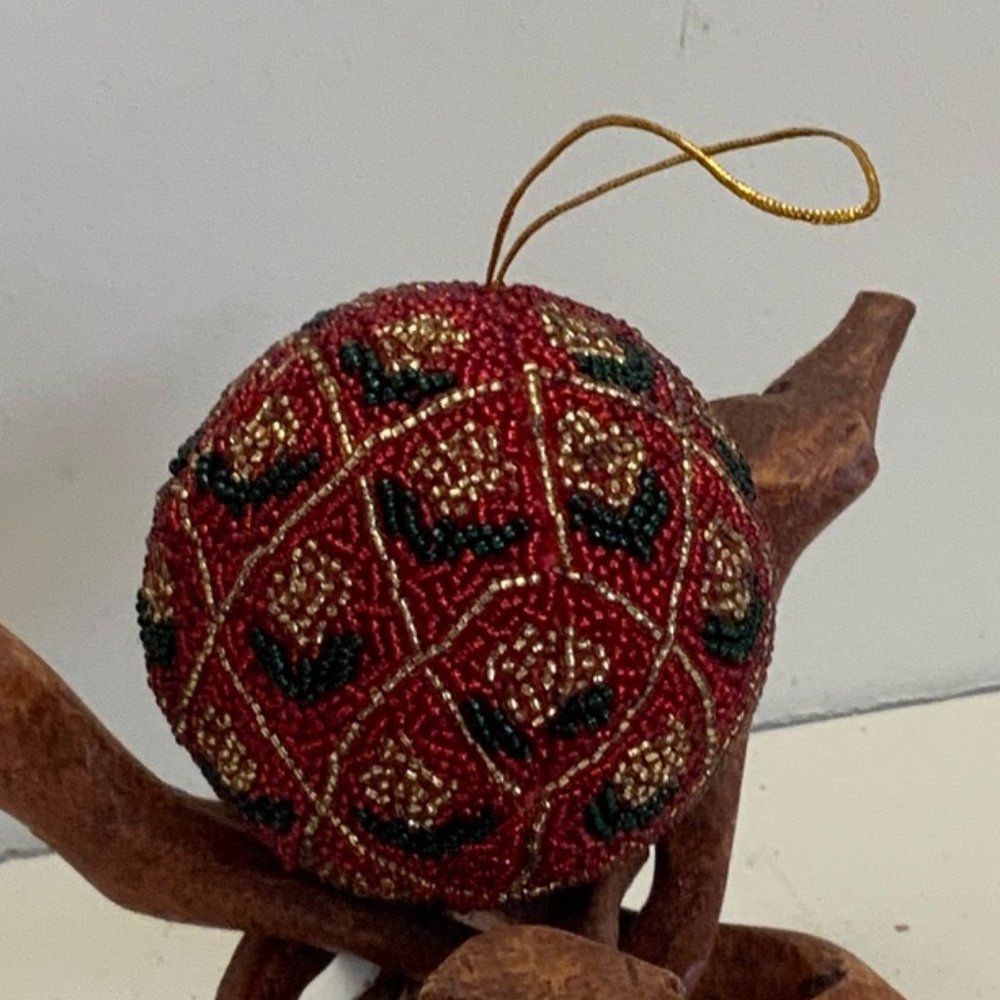 Vintage CHRISTMAS BALL ORNAMENT Seed Beaded Floral Green Gold Red 3"
